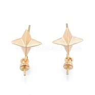 Brass Stud Earring Findings, for Half Drilled Beads, Star, Matte Coffee Golden, 15x8.8mm, Pin: 0.7mm and 0.5mm(for half drilled beads)(KK-G432-28MG)