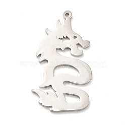 201 Stainless Steel Pendants, Dragon Charms, Stainless Steel Color, 30x17x1mm, Hole: 1mm(STAS-E175-10P)