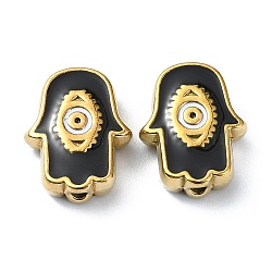 Ion Plating(IP) 304 Stainless Steel Enamel Beads, Real 18K Gold Plated, Hamsa Hand with Eye, Black, 9x12x3.5mm, Hole: 1.2mm(STAS-Q318-10B)