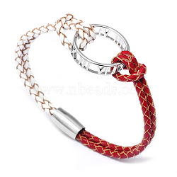 Alloy Ring Links Bracelets, with Leather Cord and Alloy Magnetic Clasps, Platinum, Red, 7-1/2 inch(19cm)(BJEW-F352-17P-02)