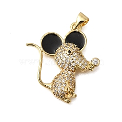 Rack Plating Brass Micro Pave Cubic Zirconia Pendants, with Enamel, Long-Lasting Plated, Lead Free & Cadmium Free, Animals Charms, with Jump Ring, Mouse, 27x25x5mm, Hole: 4x3mm(ZIRC-F142-11G-02)