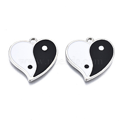 Eco-Friendly Alloy Enamel Pendants, Cadmium Free & Lead Free & Nickel Free, Heart with Yin Yang, Platinum, Black and White, 21x21x1.5mm, Hole: 2mm(X-ENAM-T011-48P-NR)