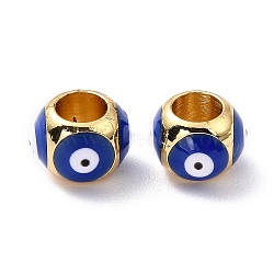 Real 18K Gold Plated Brass European Beads, with Enamel, Long-Lasting Plated, Round with Evil Eye, Dark Blue, 8x6mm, Hole: 4.5mm(KK-A155-28G-D)