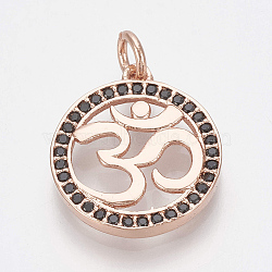 Brass Micro Pave Cubic Zirconia Pendants, with Jump Rings, Flat Round with Om Symbol, Black, Rose Gold, 17.5x15x2mm, Hole: 3mm(ZIRC-Q018-032RG)