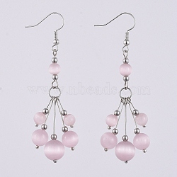 Dangle Earrings, with Cat Eye Round Beads, Brass Earring Hooks, Stainless Steel Beads & Pins, Lavender Blush, 69mm, Pendant: 52x16mm(EJEW-JE03888-01)