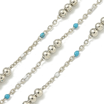 Brass Enamel Round Beaded Link Chain, Soldered, with Spool, Long-Lasting Plated, Cadmium Free & Lead Free, Platinum, Dark Turquoise, 12x3.5mm