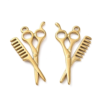 Ion Plating(IP) 304 Stainless Steel Pendants, Scissors with Comb Charm, Golden, 33.5x19x2mm, Hole: 1.6mm