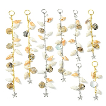 Shell Hair Accessories Chain Clips for Woman Girls, with Alloy Pendants and Iron Jump Rings, Flat Round with Starfish, Wheat, 95~236mm, 8pcs/set