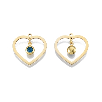 201 Stainless Steel Pendants, with Rhinestone, Heart with Flat Round, Real 18K Gold Plated, Blue Zircon, 23x24x1mm, Hole: 1.6mm