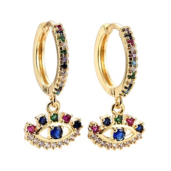 Evil Eye Cubic Zirconia Dangle Huggie Hoop Earrings, Real 18K Gold Plated Brass Drop Earrings for Women, Lead Free & Cadmium Free, Colorful, 26x16mm, Pin: 0.8mm