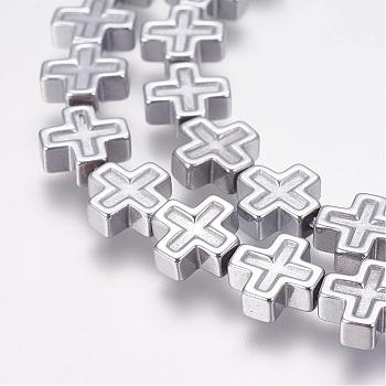 Grade AA Non-Magnetic Synthetic Hematite Bead Strands, Cross, Silver Plated, 8x8x3mm, Hole: 1mm, about 49pcs/strand, 15.7 inch(40cm)