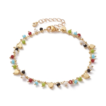 Charm Anklets, with Rondelle Faceted Glass Beads, Brass Heart Beads and 304 Stainless Steel Lobster Claw Clasps, Colorful, Golden, 9-1/8 inch(23.2cm)