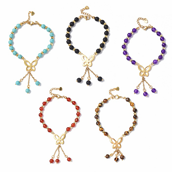 Gemstone & Glass Beaded Bracelets, 304 Stainless Steel Butterfly with Tassel Chain Charm Bracelets for Women, Mixed Color, 7-1/8 inch(18.1cm)