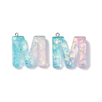 Transparent Epoxy Resin Pendants, with Paillette & Platinum Tone Loops, Two Tone, Letter M, 30.5x29x7mm, Hole: 2mm