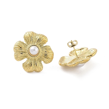 Flower Real 14K Gold Plated 304 Stainless Steel Stud Earrings, with Natural Shell Beads, WhiteSmoke, 25x25mm