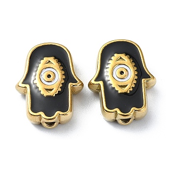 Ion Plating(IP) 304 Stainless Steel Enamel Beads, Real 18K Gold Plated, Hamsa Hand with Eye, Black, 9x12x3.5mm, Hole: 1.2mm