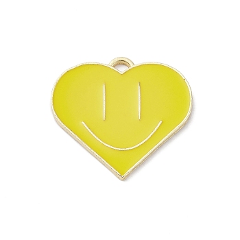 Alloy Enamel Pendants, Golden, Heart with Smiling Face Charms, Yellow, 25x26.5x1.5mm, Hole: 2mm