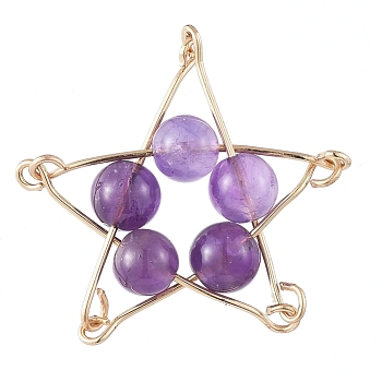 Natural Amethyst Pendants, with Golden Plated Iron Eye Pin, Star, 29x29x6.5mm, Hole: 1mm