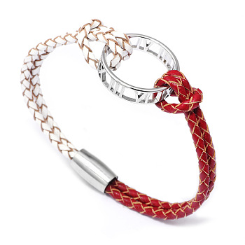 Alloy Ring Links Bracelets, with Leather Cord and Alloy Magnetic Clasps, Platinum, Red, 7-1/2 inch(19cm)