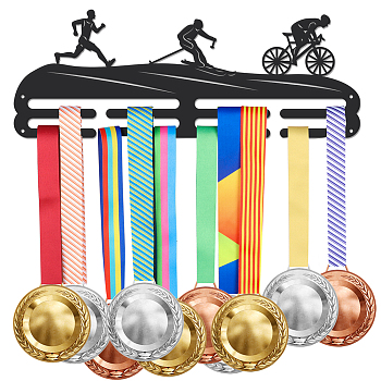 Running & Skiing & Cycling Theme Iron Medal Hanger Holder Display Wall Rack, with Screws, Black, 150x400mm