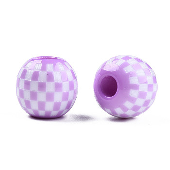 Opaque Resin European Beads, Large Hole Beads, Round with Tartan Pattern, Plum, 19.5x18mm, Hole: 6mm