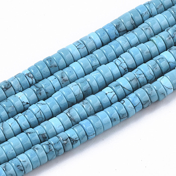 Synthetic Turquoise Beads Strands, Dyed, Heishi Beads, Disc, Sky Blue, 4x1~2mm, Hole: 0.7mm, about 195~213pcs/strand, 14.96 inch~15.31 inch(38~38.9cm)