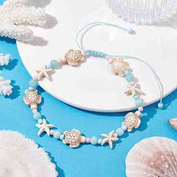 Starfish & Turtle Natural Malaysia Jade & Synthetic Turquoise Braided Beaded Anklet, Ocean Theme Nylon Cords Adjustable Anklets, Inner Diameter: 2-3/4~4-3/8 inch(7~11cm)