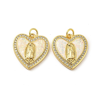 Brass Micro Pave Cubic Zirconia with Synthetic Opal Pendants, with Jump Ring, Real 18K Gold Plated, Heart, Heart, 19x18x3mm