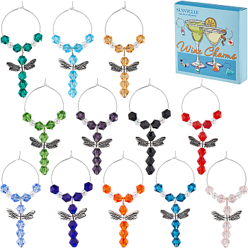 Glass Wine Glass Charms, with Brass Wine Glass Charm Rings and Alloy Beads, Dragonfly, Mixed Color, 60mm, 12pcs/box
