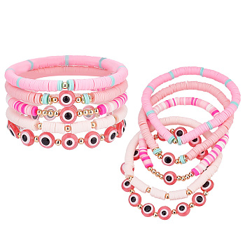 Elite 10Pcs 2 Style Polymer Clay Heishi Beaded Stretch Bracelets Set, Preppy Bracelets with Resin Evil Eye for Women, Pink, Inner Diameter: 2-1/4 inch(5.8cm), 2Pcs/style