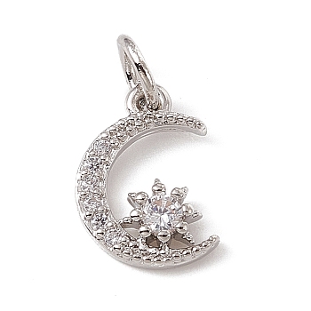 Brass Micro Pave Cubic Zirconia Charms, with Jump Ring, Moon & Star Charm, Platinum, 12x9x2.5mm, Hole: 3mm