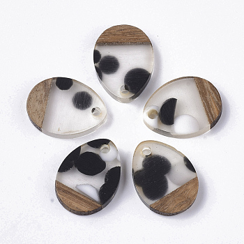 Resin & Walnut Wood Pendants, teardrop, with Spot, Clear, 17.5x13x3mm, Hole: 2mm