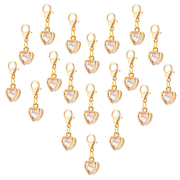 PandaHall Elite 50Pcs Pendant Decorations, with Zinc Alloy Lobster Claw Clasps and Heart Alloy Charms, with Cubic Zirconia, Golden, 25mm