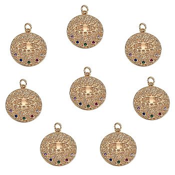 Rack Plating Brass Micro Pave Colorful Cubic Zirconia Pendants, with Jump Rings, Nickel Free, Flat Round with Evil Eyes, Real 18K Gold Plated, 22x20x2mm, Hole: 3mm, 8pcs/box