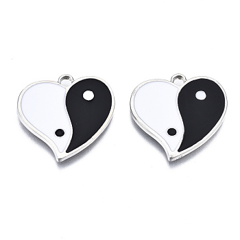 Eco-Friendly Alloy Enamel Pendants, Cadmium Free & Lead Free & Nickel Free, Heart with Yin Yang, Platinum, Black and White, 21x21x1.5mm, Hole: 2mm