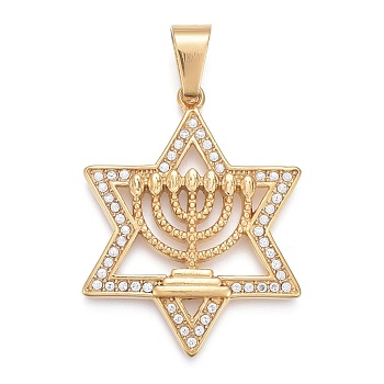 304 Stainless Steel Pendants, with Crystal Rhinestone, Star of David with Candelabrum, Golden, 47.5x37.5x4mm, Hole: 6.5x11.5mm