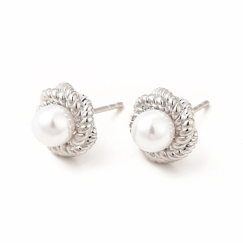 Rack Plating Brass Stud Earrings for Women, with Plastic Imitation Pearl, Long-Lasting Plated, Lead Free & Cadmium Free, Round, Platinum, 10.5mm, Pin: 0.8mm