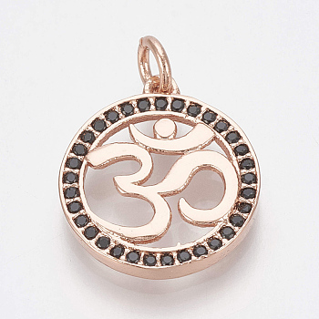 Brass Micro Pave Cubic Zirconia Pendants, with Jump Rings, Flat Round with Om Symbol, Black, Rose Gold, 17.5x15x2mm, Hole: 3mm