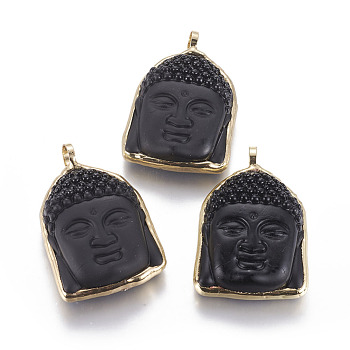 Glass Pendants, with Brass Findings, Buddha Head, Black, Golden, 56.5~59x38~39x13.5~14mm, Hole: 7.8mm
