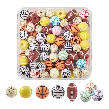 114Pcs 6 Style Acrylic Beads, Opaque & Craft & Plating Acrylic Beads Set, Rugby & Basketball & Volleyball & Football & Tennis, Mixed Color, 10~18x10~12x10~12mm, Hole: 2~4mm