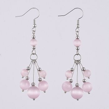 Dangle Earrings, with Cat Eye Round Beads, Brass Earring Hooks, Stainless Steel Beads & Pins, Lavender Blush, 69mm, Pendant: 52x16mm