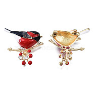 Bird with Branch Enamel Pin with Crystal Rhinestone, Light Gold Plated Alloy Badge for Backpack Clothes, Nickel Free & Lead Free, Red, 37x44mm, Pin: 0.7mm(JEWB-N007-147)