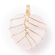 Natural Rose Quartz Faceted Gemstone Pendants, with Real 18K Gold Copper Wire Wrapped, Heart, 18.5x16x11mm, Hole: 4mm(PALLOY-JF01304-01)