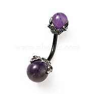 Natural Amethyst Beaded Curved Barbell, 316 Stainless Steel Piercing Navel Ring for Women, 30.5x9.5mm, Pin: 1.6mm(X-AJEW-G042-04B)