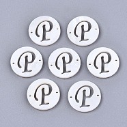 Natural Freshwater Shell Links Connectors, Flat Round with Letter, Letter.P, 14.5x1.5mm, Hole: 0.9mm(SHEL-S276-120P)