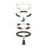 4Pcs 4 Style Natural & Synthetic Mixed Gemstone Beaded Stretch Bracelets Set, Alloy Butterfly & Tassel Charm Bracelets for Women, Inner Diameter: 2-1/4 inch(5.8cm), 1Pc/style(BJEW-JB08189)