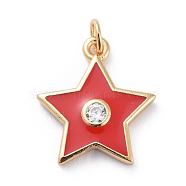 Cubic Zirconia Charms, with Brass Findings and Enamel, Star, Golden, Red, 15x13.5x2.5mm, Hole: 1.8mm(KK-G363-01G-04)