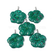 Natural Malachite Big Pendants, Peach Blossom Charms, with Platinum Plated Alloy Snap on Bails, 57x48x9mm, Hole: 6x4mm(G-B040-01P-12)