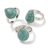 Synthetic Turquoise Teardrop Adjustable Rings, Lead Free & Cadmium Free, Silver Plated Brass Finger Rings for Women Men, Teardrop: 18.5x14mm, Inner Diameter: 18mm(RJEW-K371-08S-16)