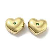 304 Stainless Steel Beads, with Peridot Rhinestone, Heart, Real 14K Gold Plated, 8.5x10x6mm, Hole: 1.5mm(STAS-L022-053G)